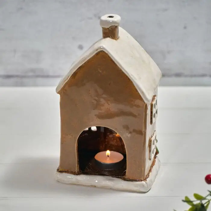 Holly Cottage Stoneware House with Wreath & Bows Candle Holder