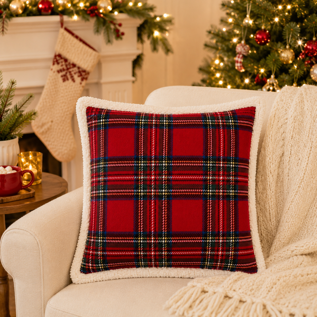 Tartan Plaid Sherpa Christmas Cushion