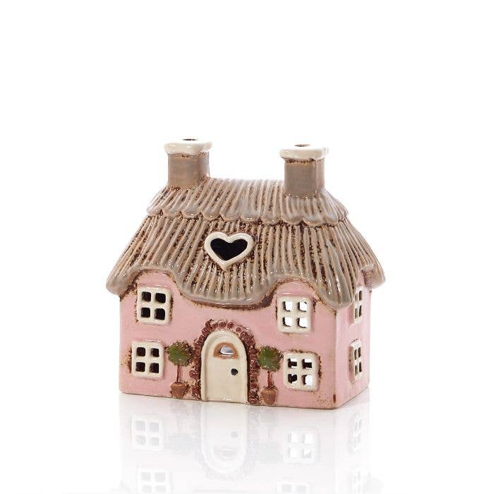 Cottage Tealight Holder Pink Embossed Stoneware With Trees Langs