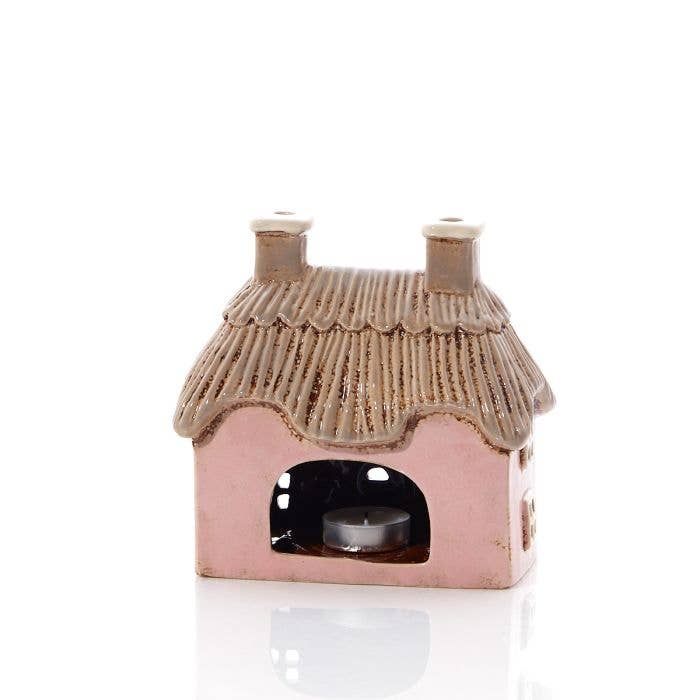 Cottage Tealight Holder Pink Embossed Stoneware With Trees Langs