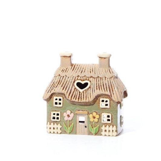 Stoneware Thatched Cottage Tea Light Holder With Flowers Langs
