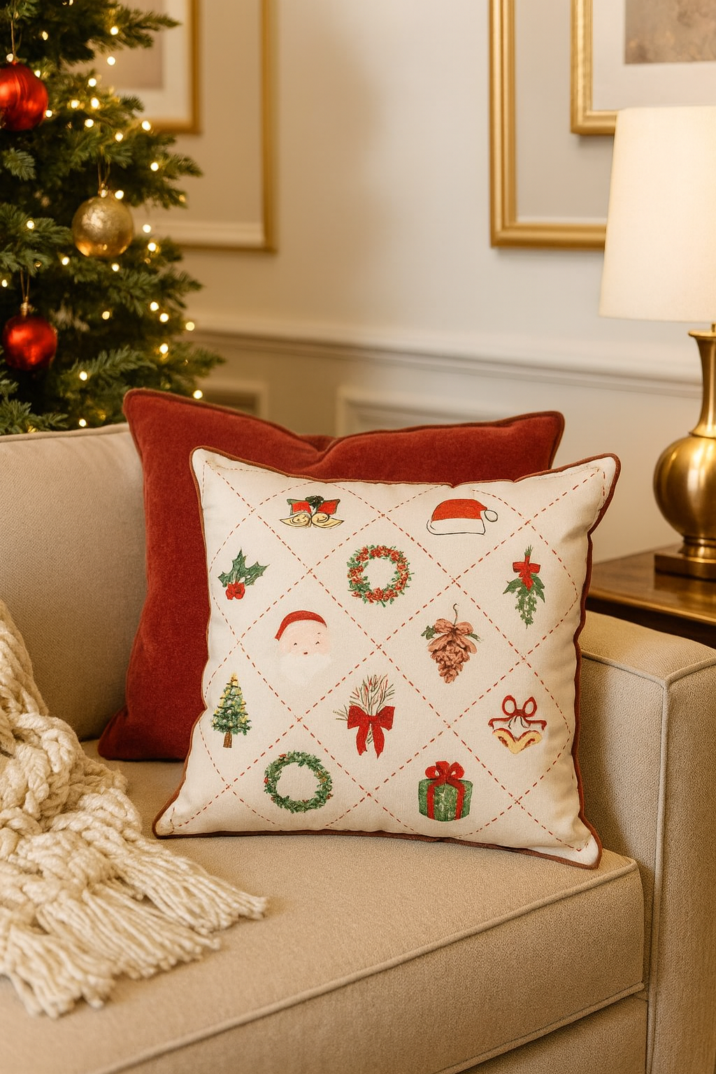 Christmas Design Velvet White Throw Pillow - Mr & Mrs Christmas