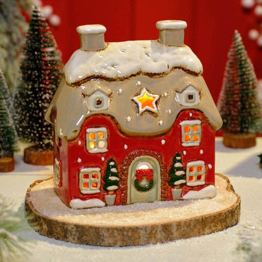 Xmas Cottage Tealight Holder Red Embossed Stoneware Langs