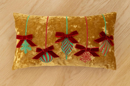 Gold Bauble & Bow Velvet Cushion Mr & Mrs Christmas