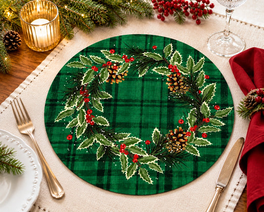 Green Plaid Holly & Pine Christmas Placemat