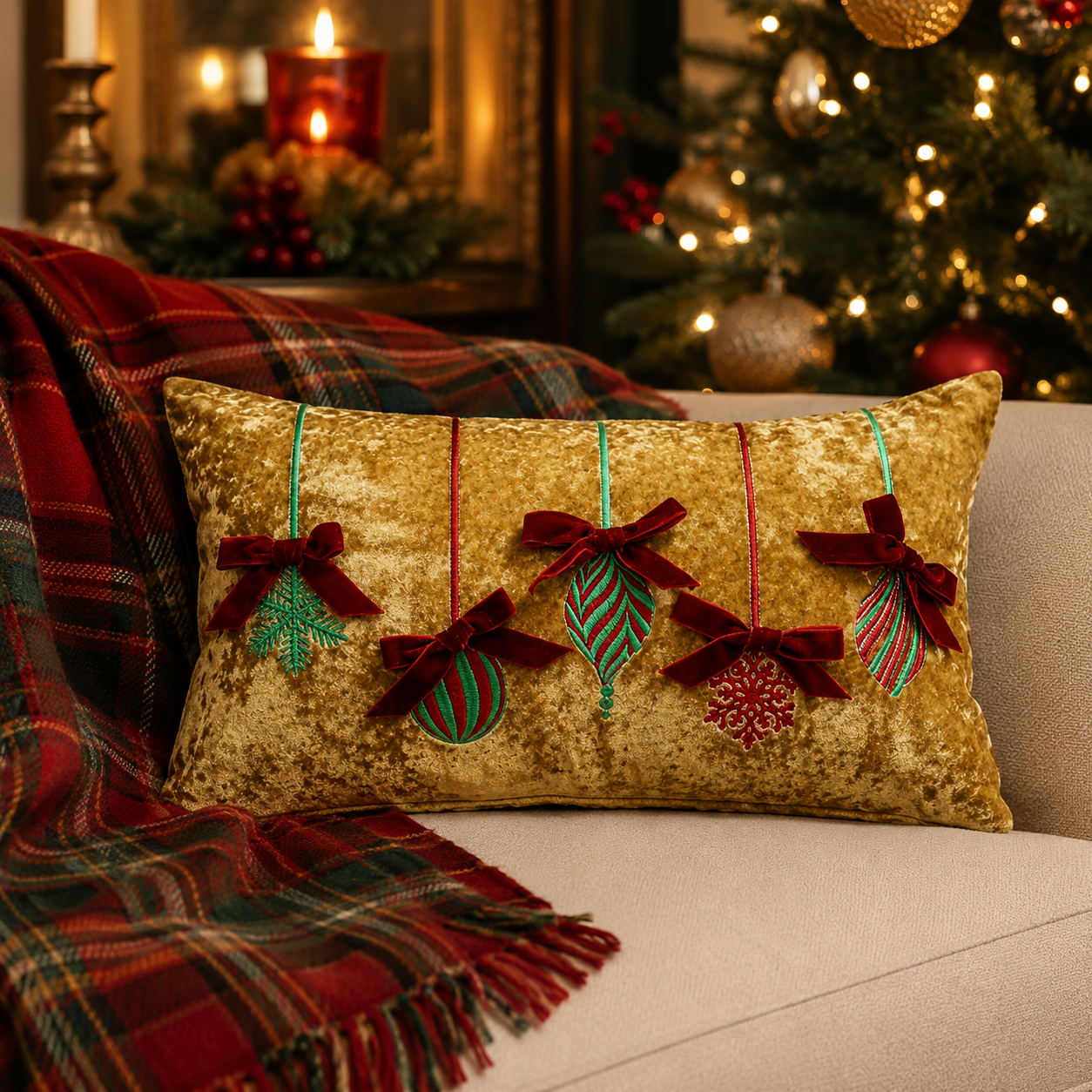 Gold Bauble & Bow Velvet Cushion Mr & Mrs Christmas