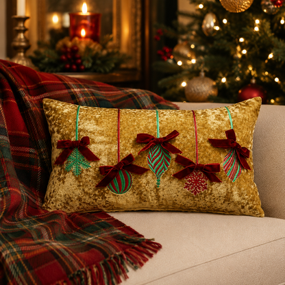 Gold Bauble & Bow Velvet Cushion Mr & Mrs Christmas