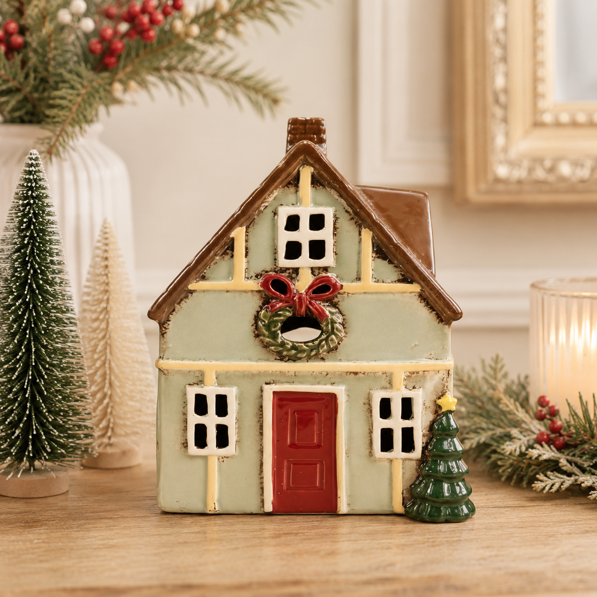 Green Christmas Tealight Cottage Mr & Mrs Christmas