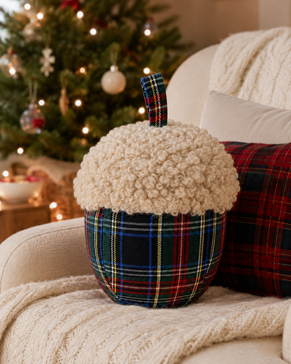 Green Plaid Sherpa Acorn Throw Pillow
