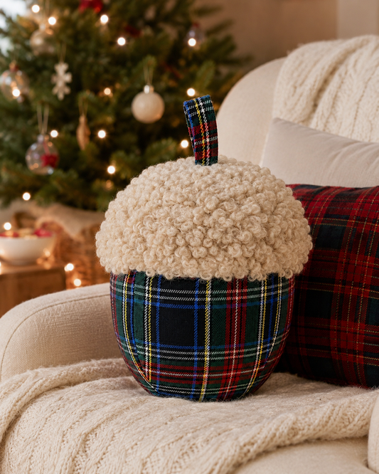Green Plaid Sherpa Acorn Throw Pillow