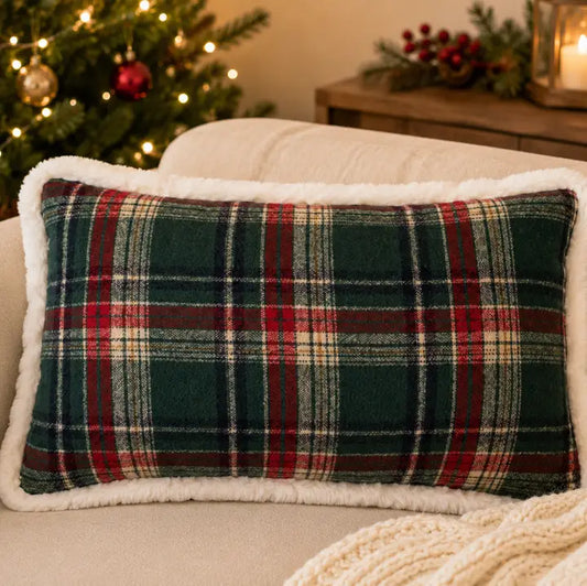 Green Tartan Faux Fur Lumbar Christmas Cushion