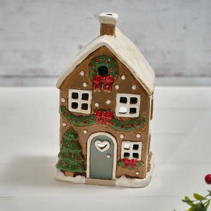 Holly Cottage Stoneware House with Wreath & Bows Candle Holder