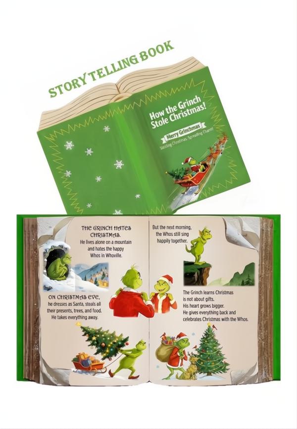 An open Grinch-themed storytelling book shown from both the front cover and interior spread. The cover is bright green with the title 'How the Grinch Stole Christmas!' and a holiday illustration.
