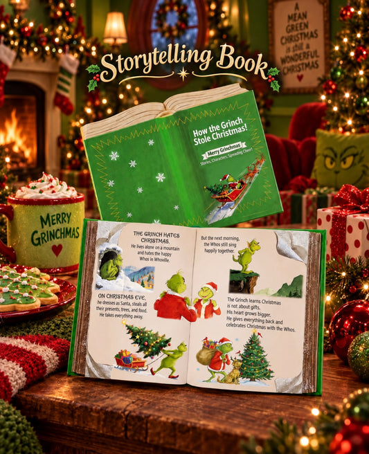 A Christmas-themed storytelling book displayed open on a wooden table, with a second copy closed behind it. The scene is decorated with holiday lights, ornaments, wrapped gifts, a mug reading 'Merry Grinchmas,' and festive background decor.