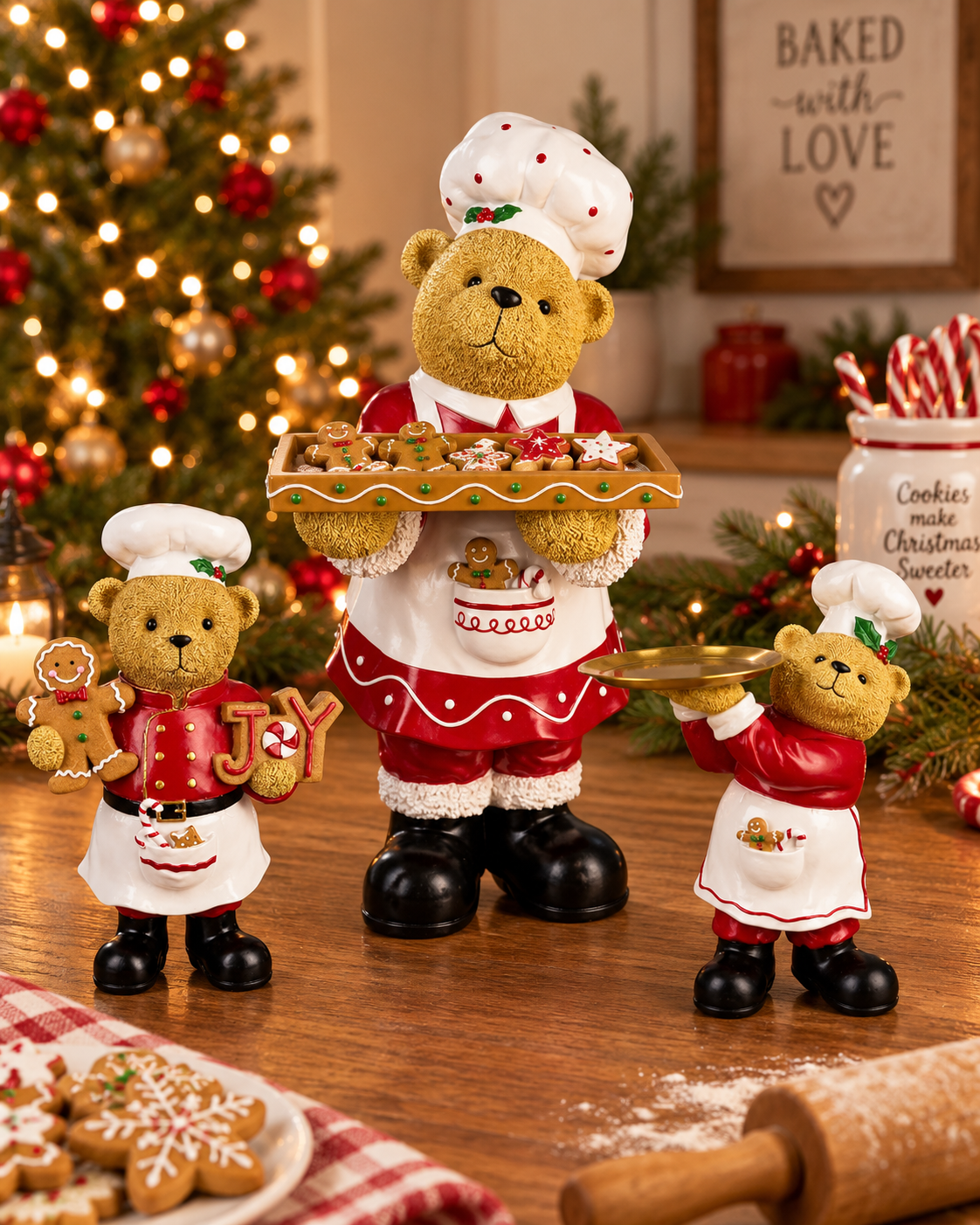 Three teddy bear figurines dressed as chefs, decorated with gingerbread cookies, and arranged on a wooden table in a festive holiday setting with a Christmas tree, cookies, and a rolling pin.