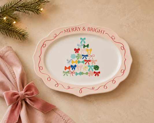 Merry & Bright Bow Christmas Platter Mr & Mrs Christmas