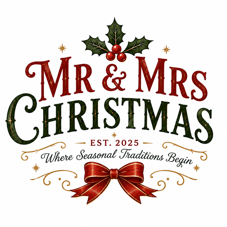 Christmas-themed logo with 'Mr & Mrs Christmas' and holly design on a white background