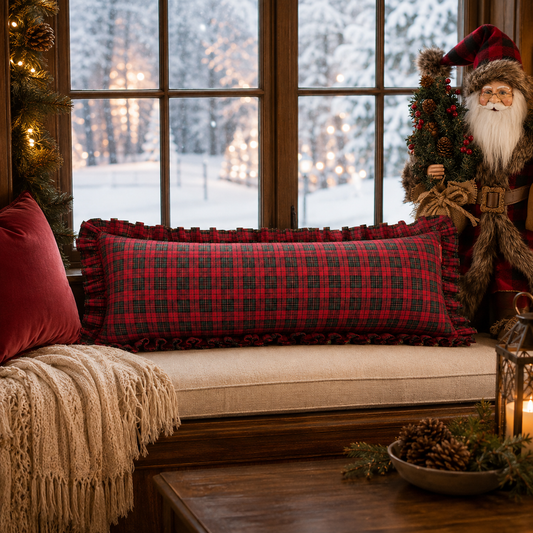 Oversized Red Plaid Ruffle Bolster Cushion Mr & Mrs Christmas