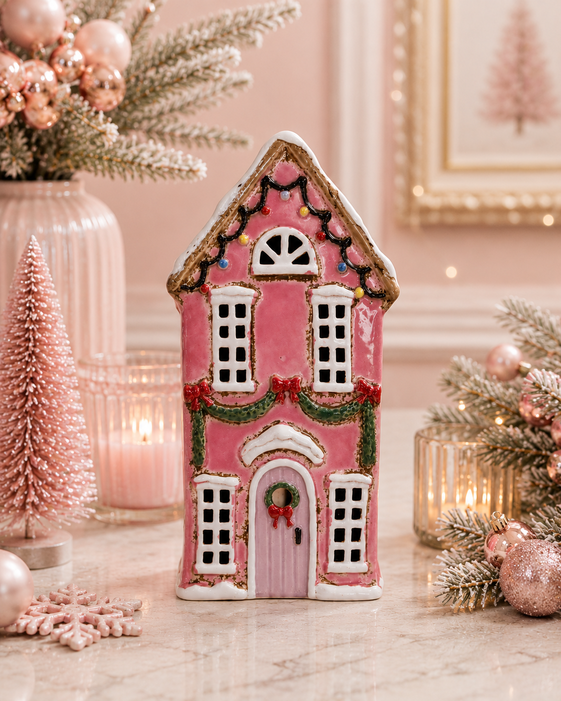 Pink Christmas Tealight Cottage Mr & Mrs Christmas