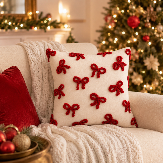 Red Bow Tufted Christmas Cushion Mr & Mrs Christmas