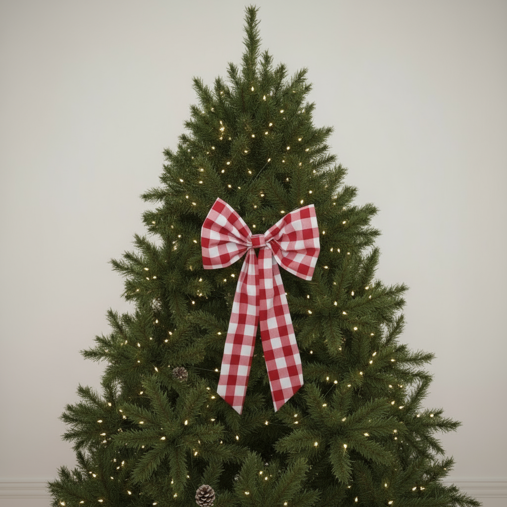 Decorated Christmas tree with a red and white checkered bow against a plain background