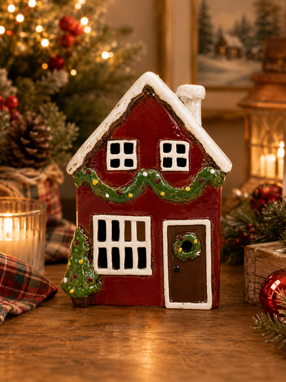 Red Christmas With Garland Tealight Cottage Mr & Mrs Christmas