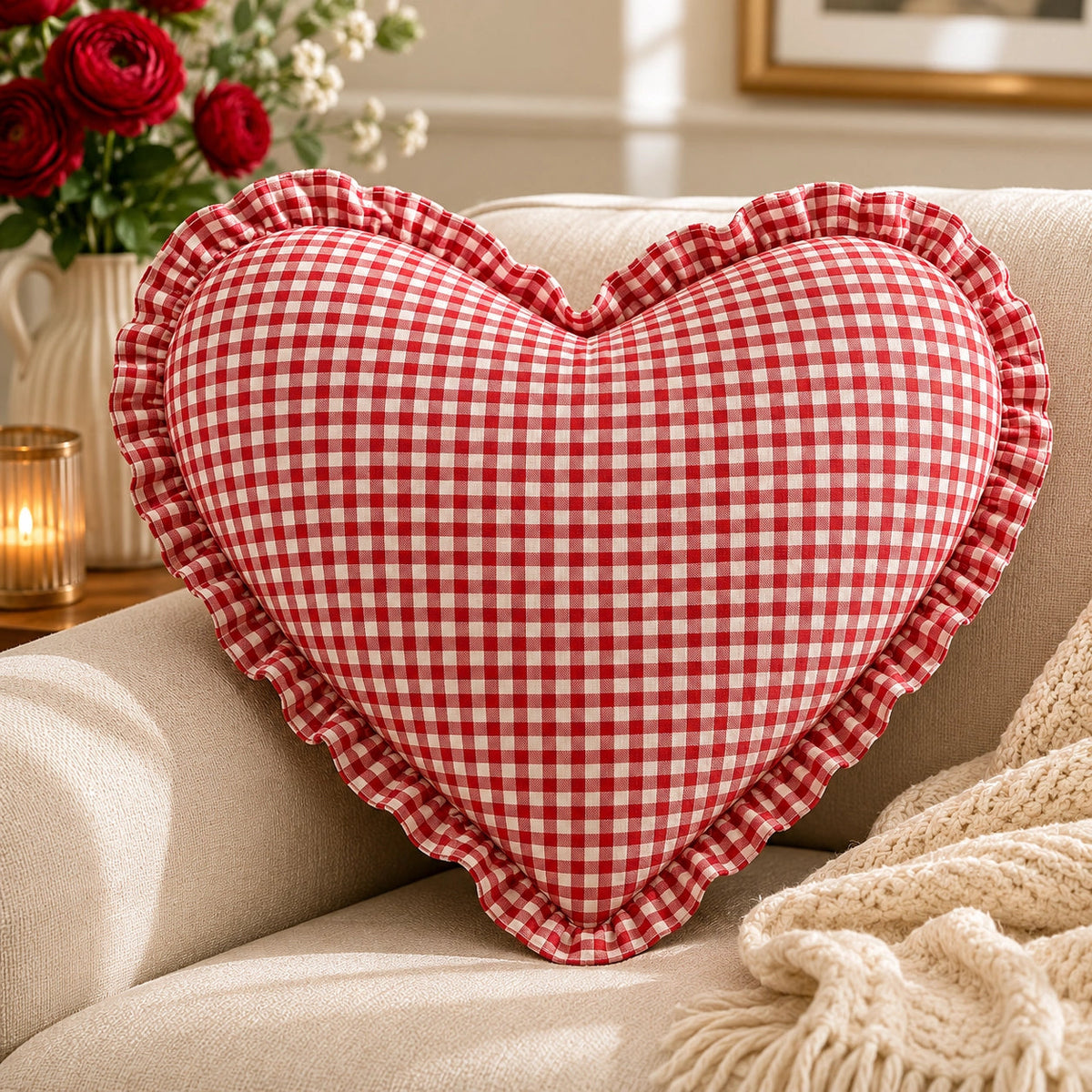Red Gingham Heart Christmas Cushion Mr & Mrs Christmas