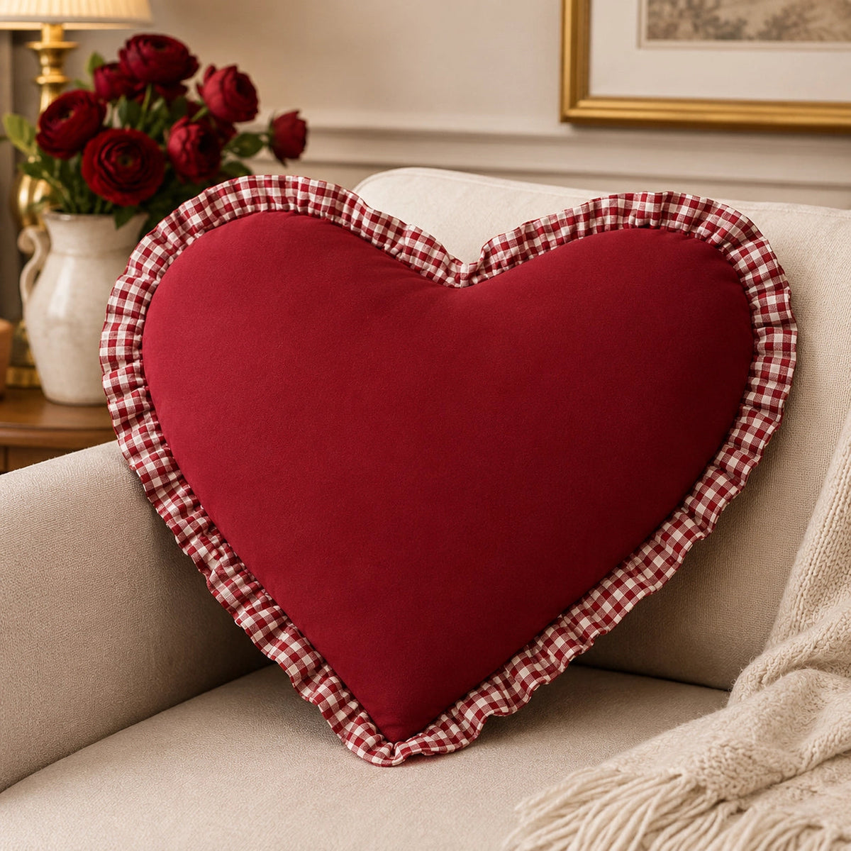 Red Gingham Heart Christmas Cushion Mr & Mrs Christmas