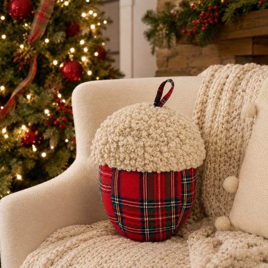 Red Plaid Sherpa Acorn Throw Pillow