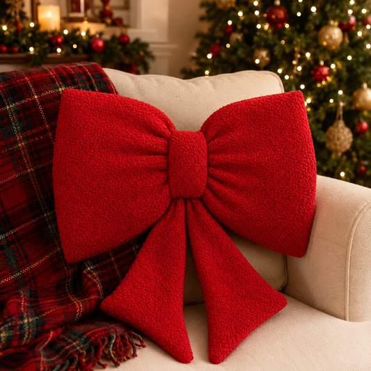 Red Sherpa Bow Christmas Cushion Mr & Mrs Christmas