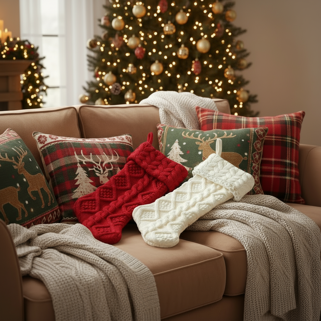 Cable Knit Stockings - Red & Ivory - Mr & Mrs Christmas