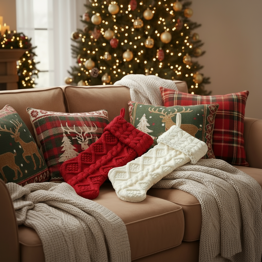 Cable Knit Stockings - Red & Ivory - Mr & Mrs Christmas