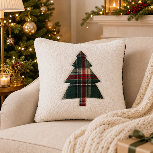 Reversible Tartan Christmas Tree Cushion Mr & Mrs Christmas