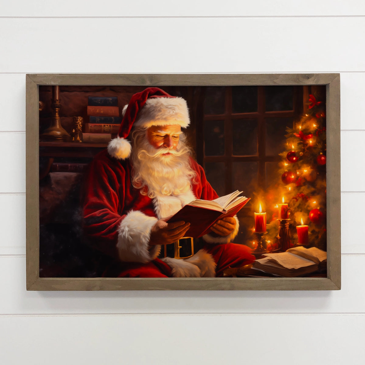 Santa Reading by Candlelight Framed Canvas Art