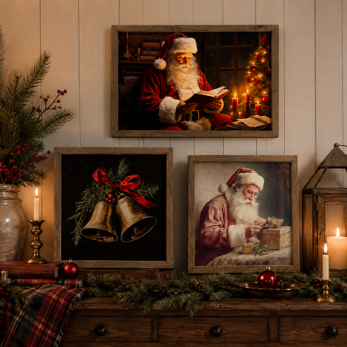 Santa Reading by Candlelight Framed Canvas Art
