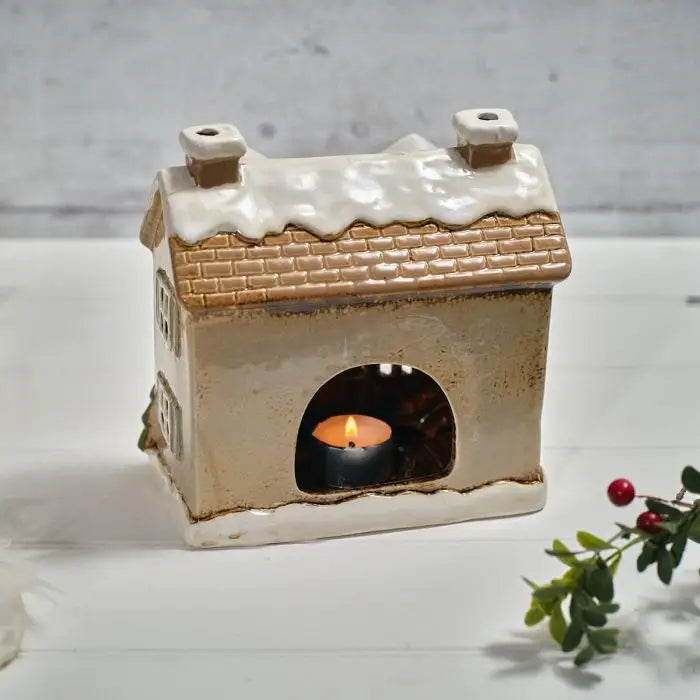 Snowy Holly Christmas Cottage Candle Holder
