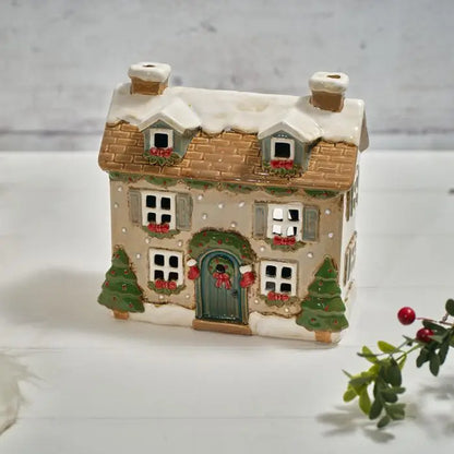 Snowy Holly Christmas Cottage Candle Holder