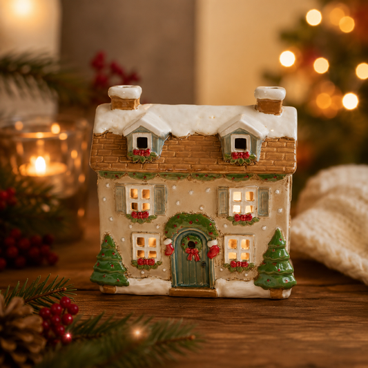 Snowy Holly Christmas Cottage Candle Holder