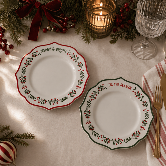 Traditional Christmas Holly Plates, Set of 2 Mr & Mrs Christmas