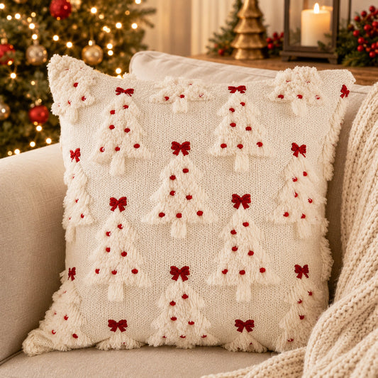 White Christmas Tree & Bow Cushion Mr & Mrs Christmas