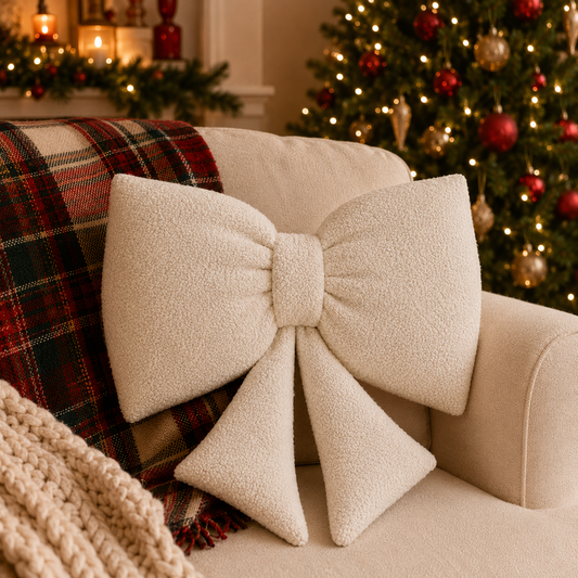 White Sherpa Bow Christmas Cushion