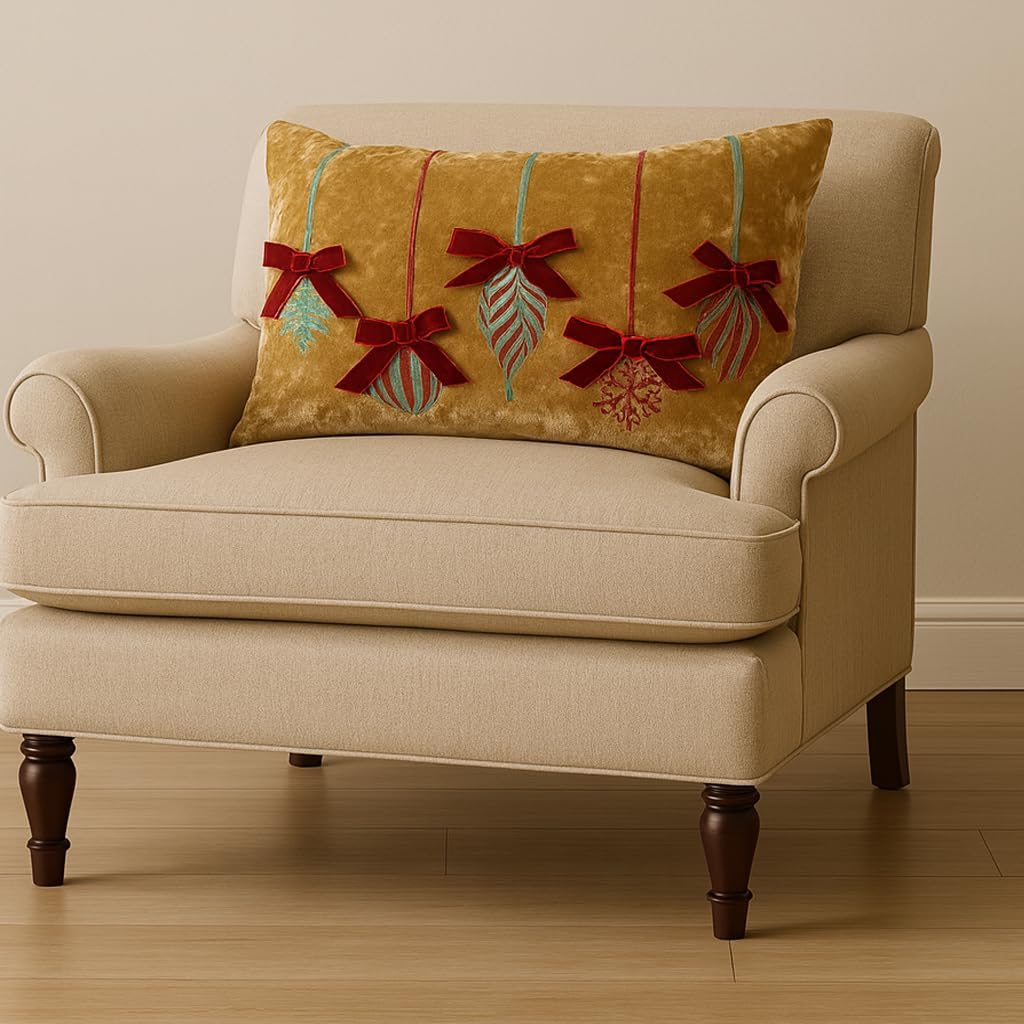 Gold Bauble & Bow Velvet Cushion Mr & Mrs Christmas