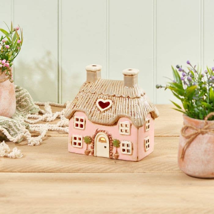 Cottage Tealight Holder Pink Embossed Stoneware With Trees Langs