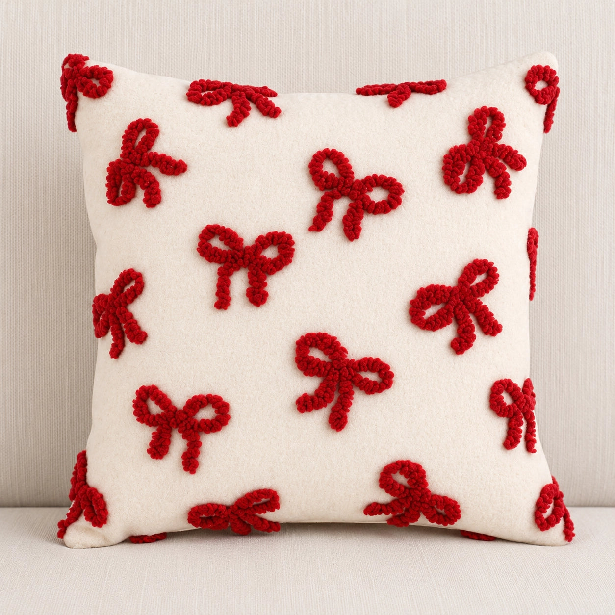 Red Bow Tufted Christmas Cushion Mr & Mrs Christmas
