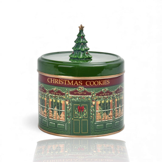 7in Green Tin Container w/Tree Min/2 December Diamonds