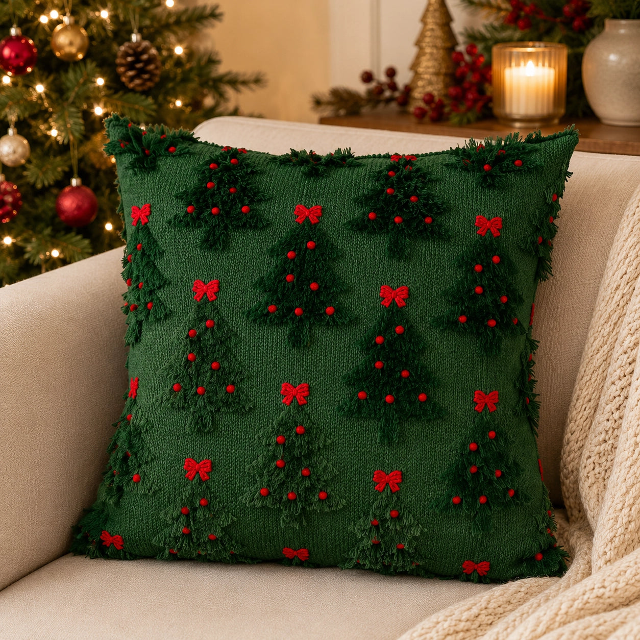 Green Christmas Tree & Bow Cushion