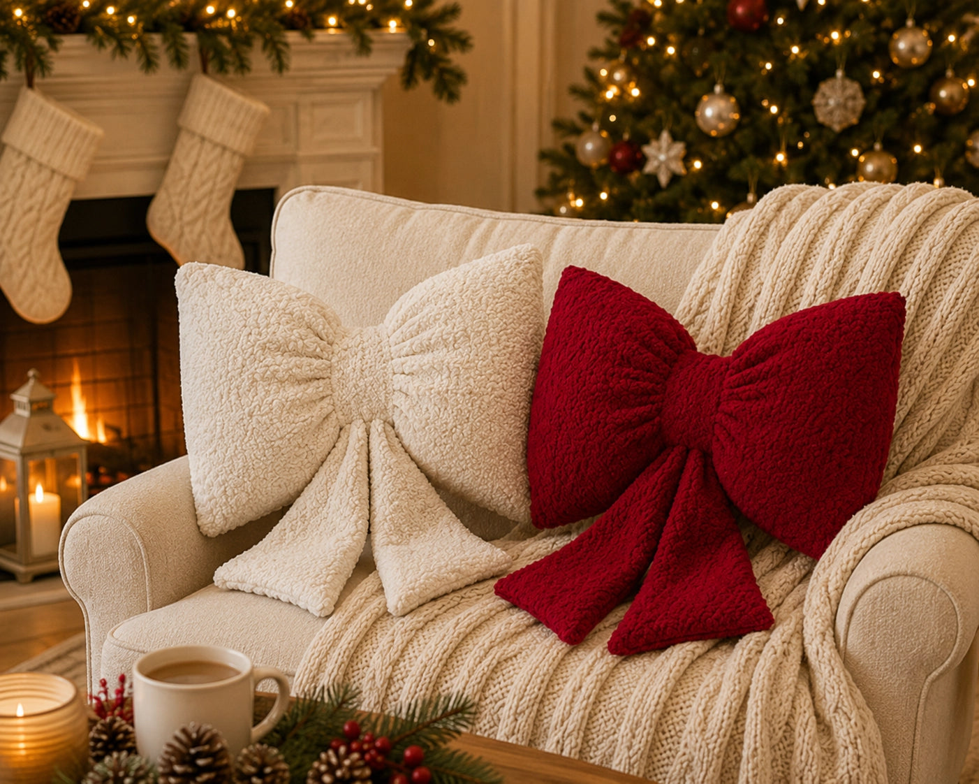 Red Sherpa Bow Christmas Cushion Mr & Mrs Christmas