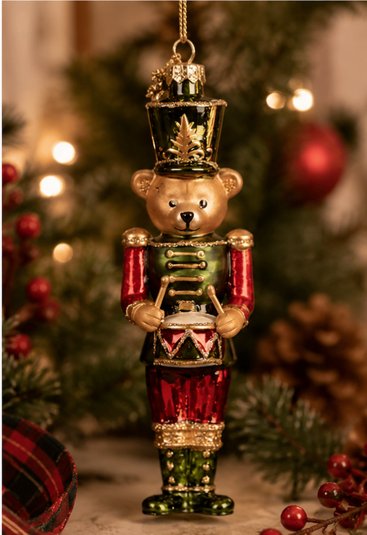 Nutcracker Bear Glass Christmas Ornament